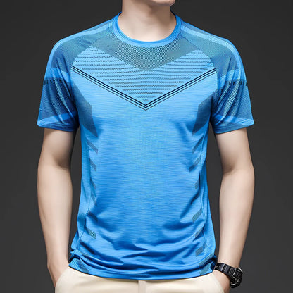 Men's ice silk cotton short sleeve T-shirt in black, quick-drying for running, sizes M-3XL with 65-73cm length