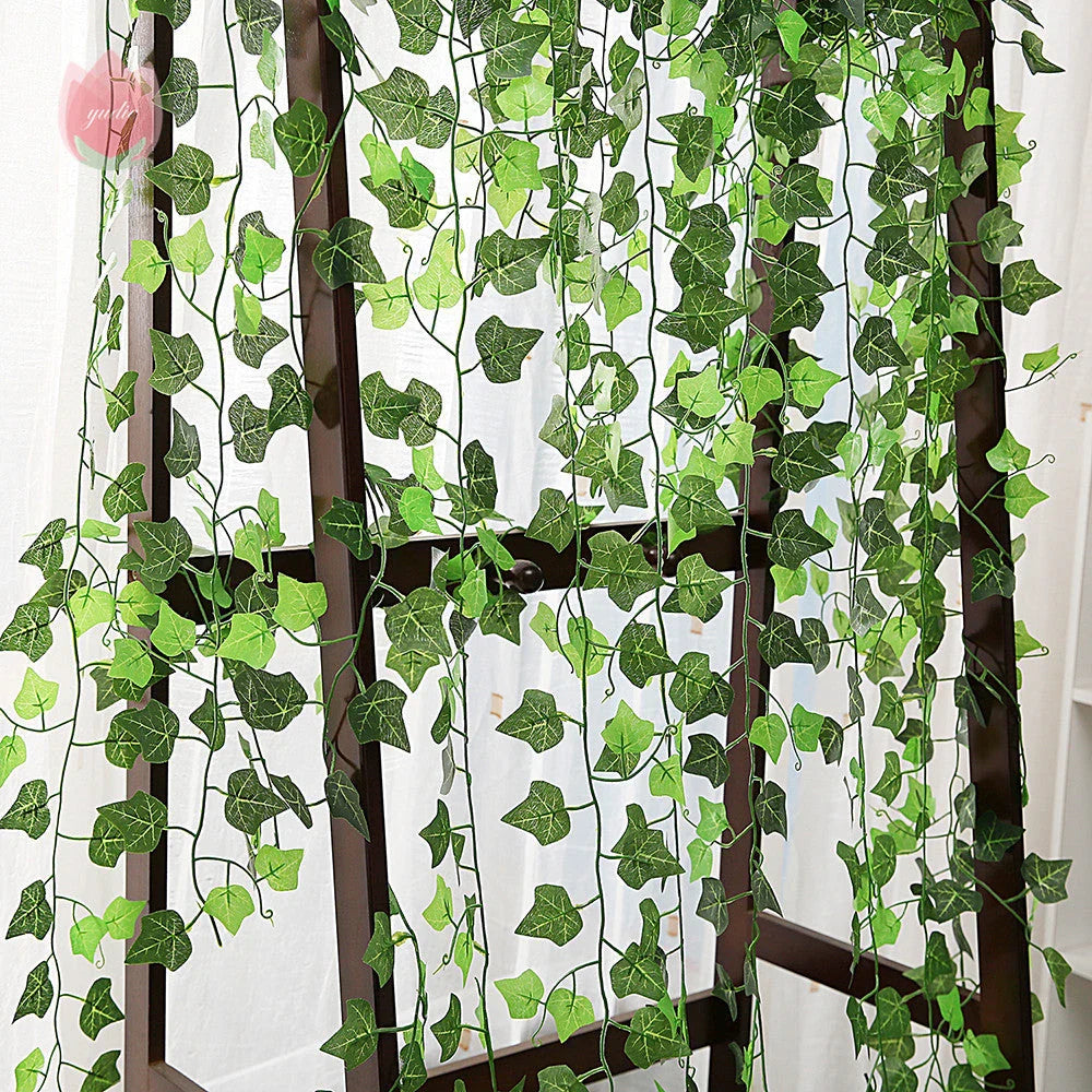 Silk artificial hanging leaf garland with lush green leaves for home, wedding, and garden decoration