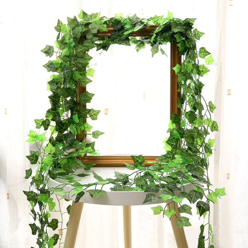 Silk artificial hanging leaf garland with lush green leaves for home, wedding, and garden decoration