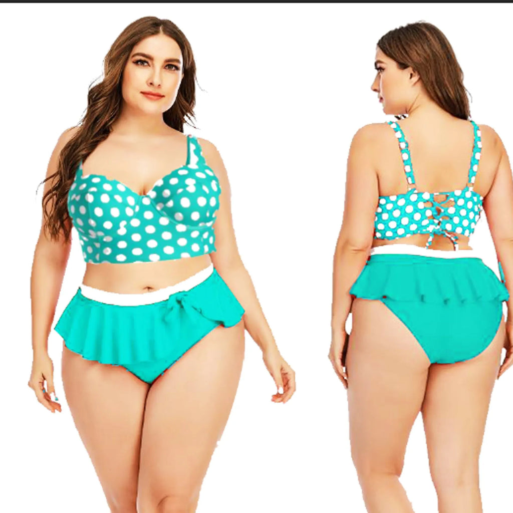 Plus size women's two-piece push up bikini set in red dot retro wave pattern