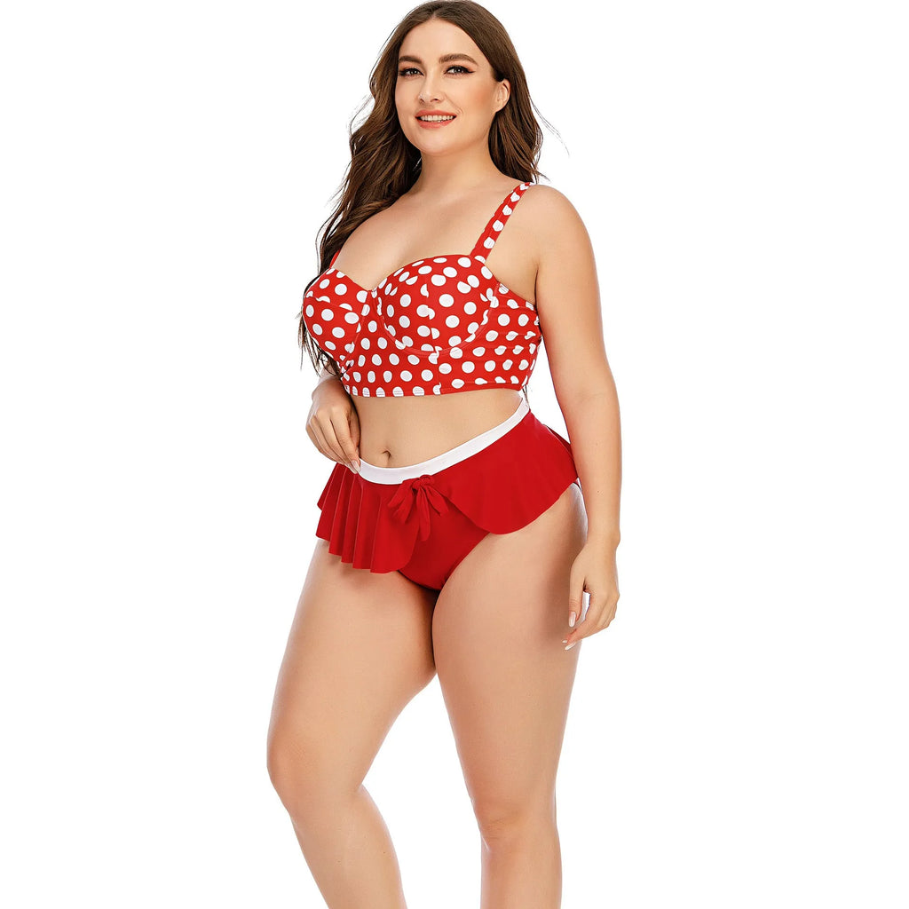 Plus size women's two-piece push up bikini set in red dot retro wave pattern