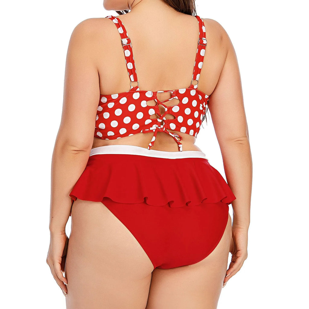 Plus size women's two-piece push up bikini set in red dot retro wave pattern