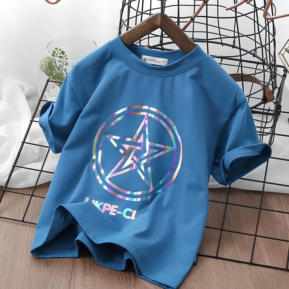 Boys' short sleeve cotton T-shirt in denim blue with laser reflective cartoon print for summer visibility, sizes 100-160 yards