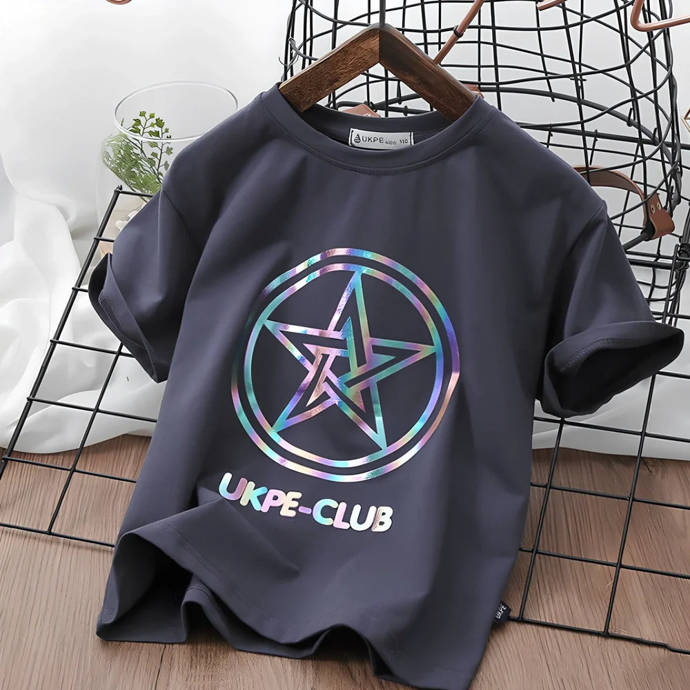 Boys' short sleeve cotton T-shirt in denim blue with laser reflective cartoon print for summer visibility, sizes 100-160 yards