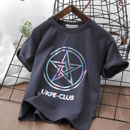 Boys' short sleeve cotton T-shirt in denim blue with laser reflective cartoon print for summer visibility, sizes 100-160 yards