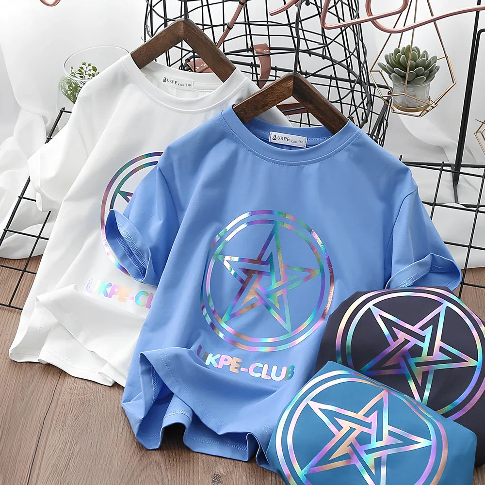 Boys' short sleeve cotton T-shirt in denim blue with laser reflective cartoon print for summer visibility, sizes 100-160 yards