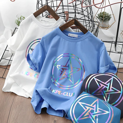 Boys' short sleeve cotton T-shirt in denim blue with laser reflective cartoon print for summer visibility, sizes 100-160 yards