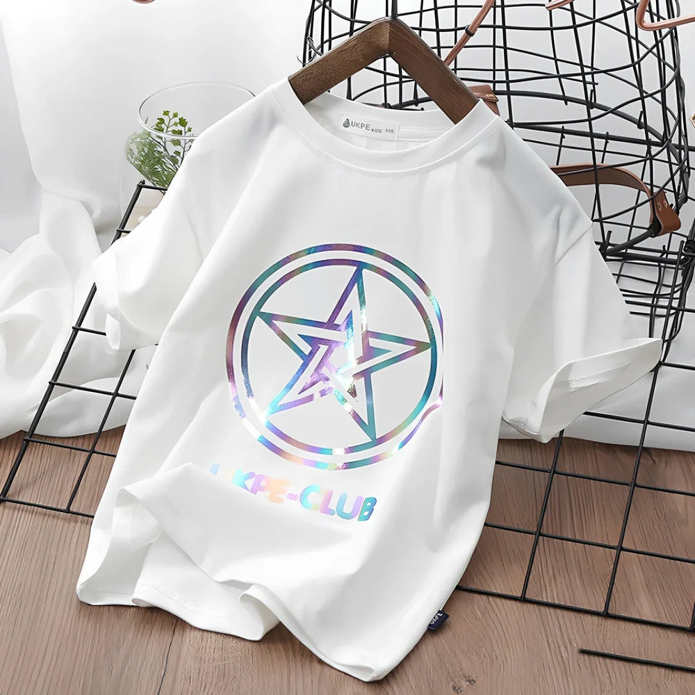 Boys' short sleeve cotton T-shirt in denim blue with laser reflective cartoon print for summer visibility, sizes 100-160 yards