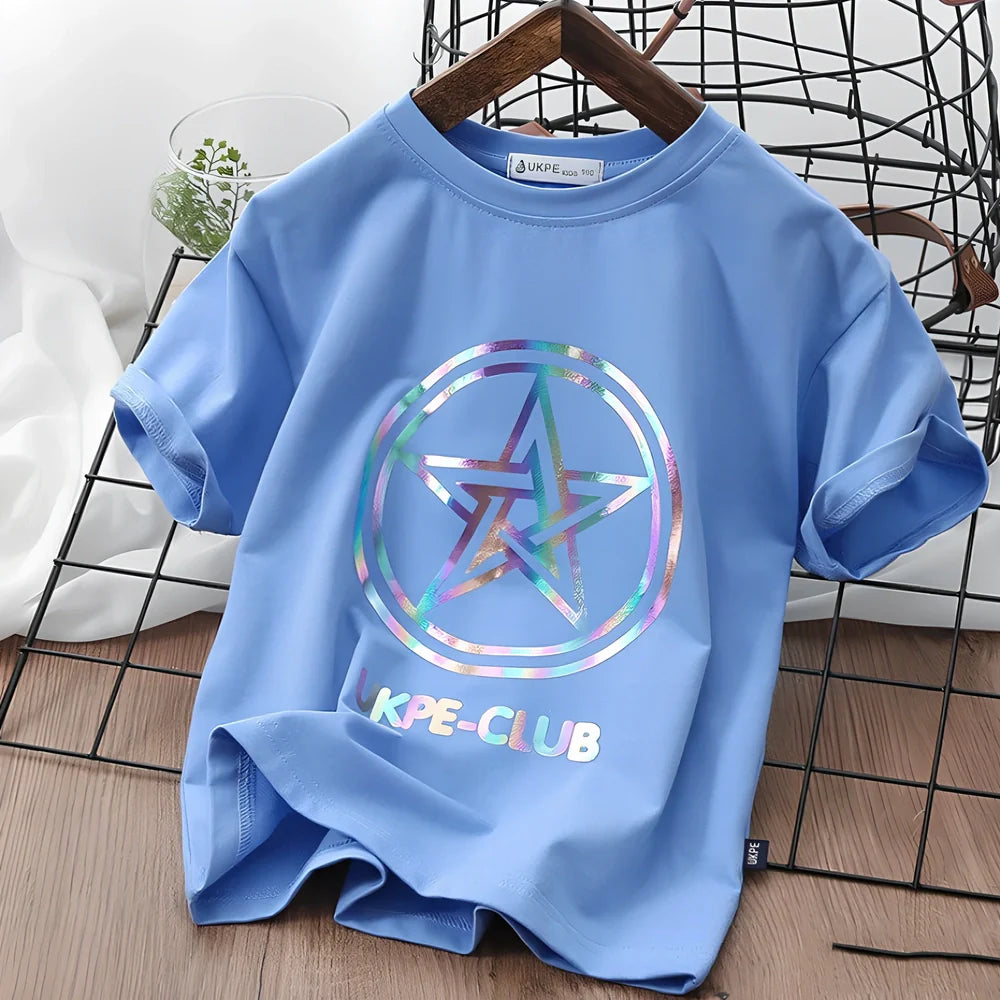 Boys' short sleeve cotton T-shirt in denim blue with laser reflective cartoon print for summer visibility, sizes 100-160 yards