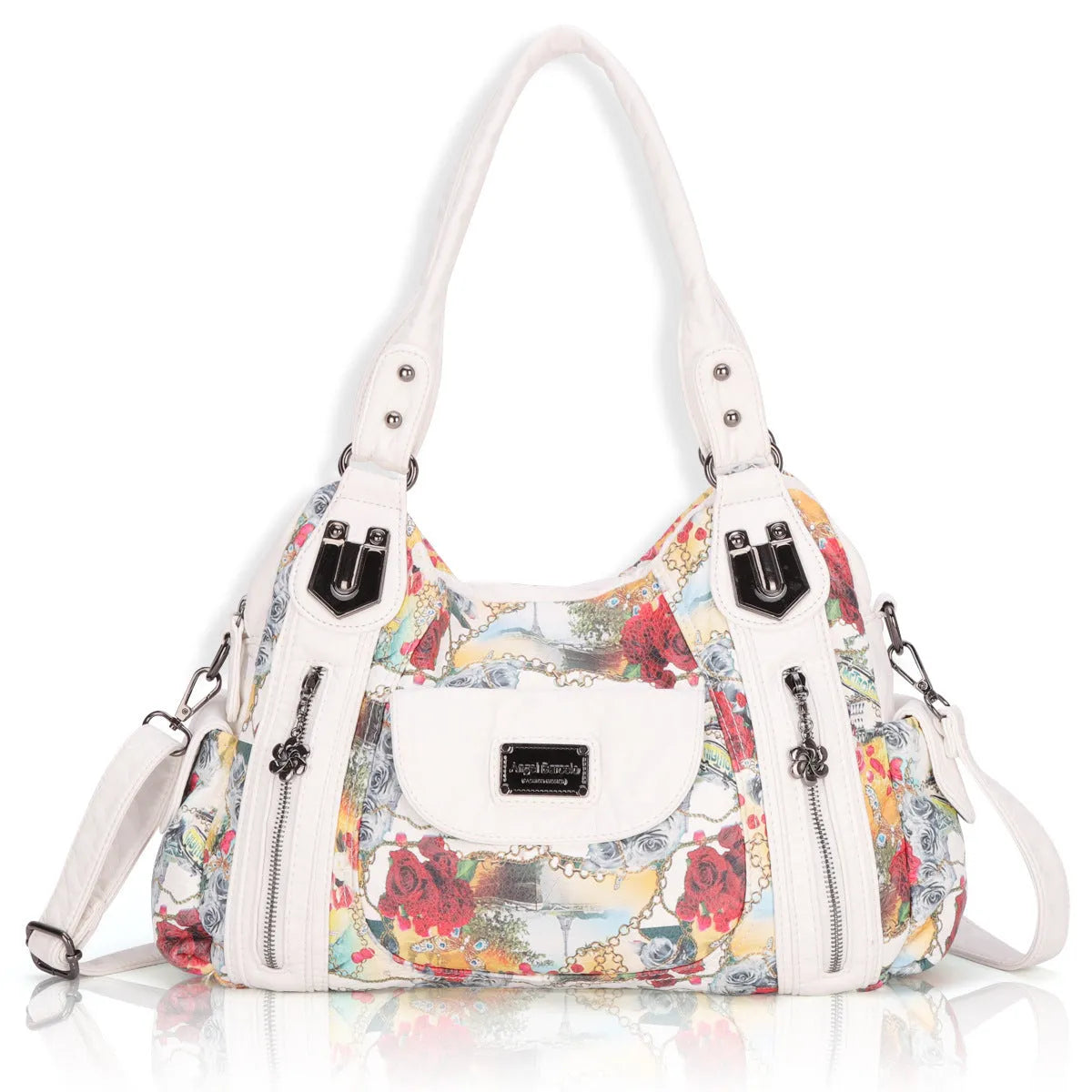 White women's soft PU leather messenger bag with dumpling style and horizontal square shape
