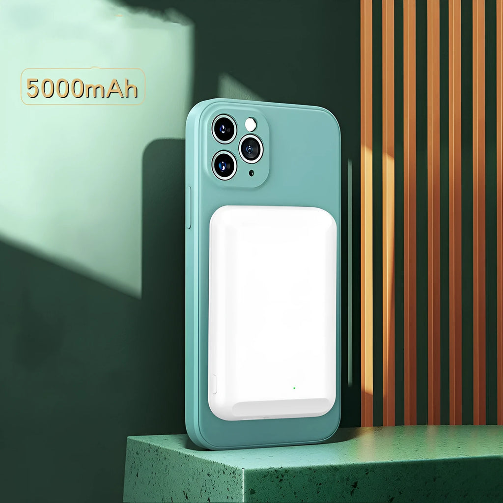 Magnetic wireless power bank in black, blue, green, pink, or white, showing 5000mAh capacity.