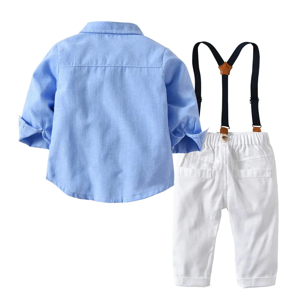 Boys blue formal bib pant suit with long sleeves and bow tie, Korean style trousers suit
