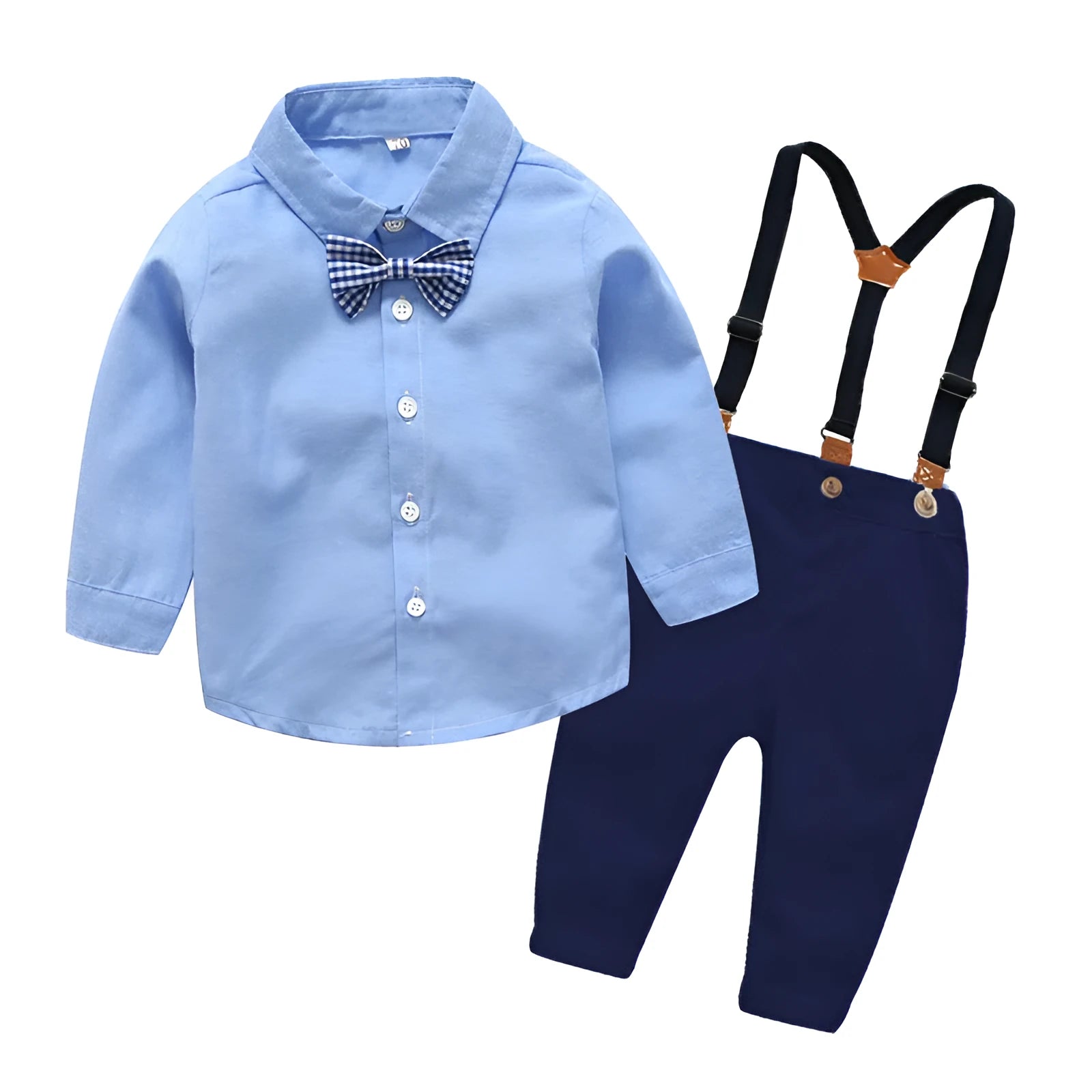 Boys blue formal bib pant suit with long sleeves and bow tie, Korean style trousers suit