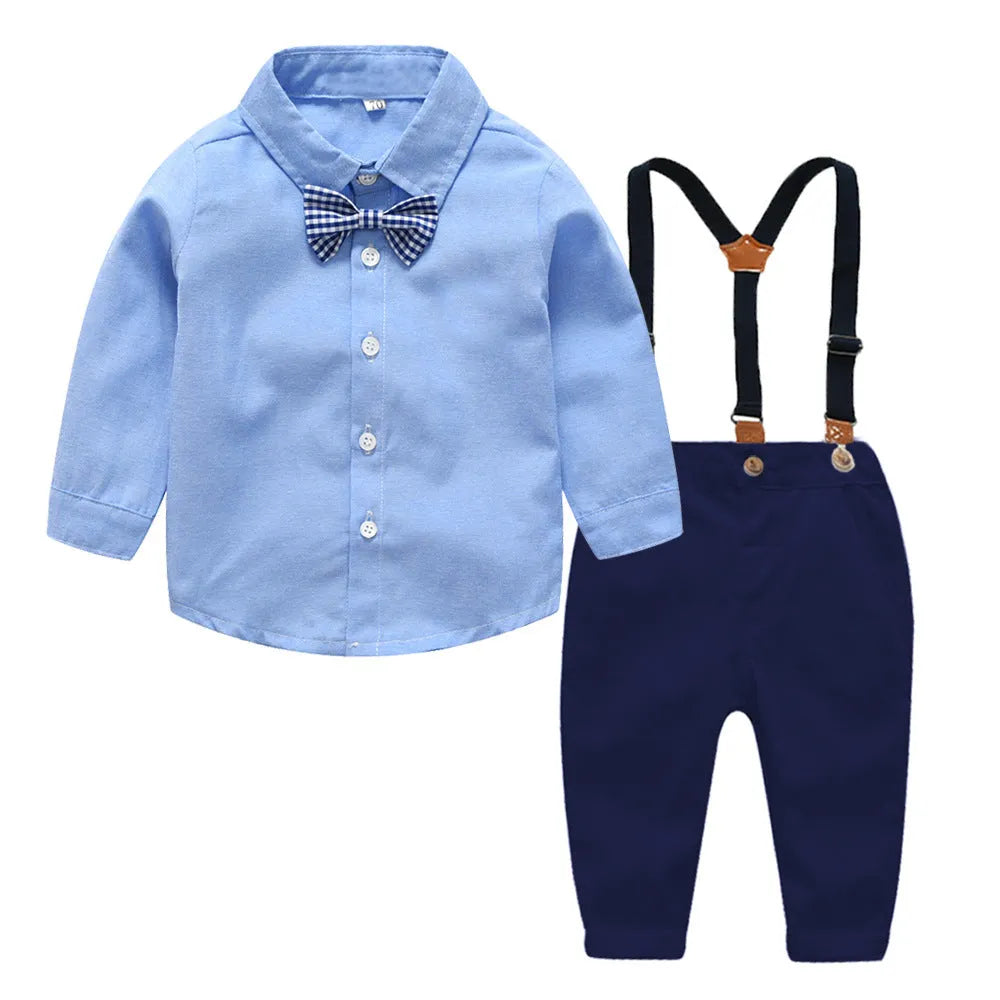 Boys blue formal bib pant suit with long sleeves and bow tie, Korean style trousers suit