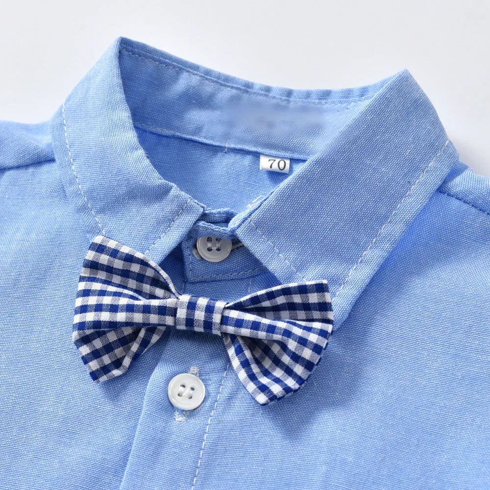 Boys blue formal bib pant suit with long sleeves and bow tie, Korean style trousers suit