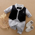 Gentleman's style cotton baby romper with long sleeves showing size chart for 59cm to 90cm measurements