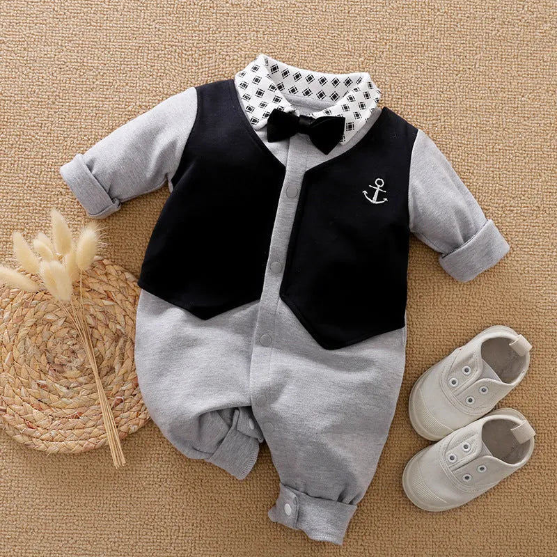 Gentleman's style cotton baby romper with long sleeves showing size chart for 59cm to 90cm measurements