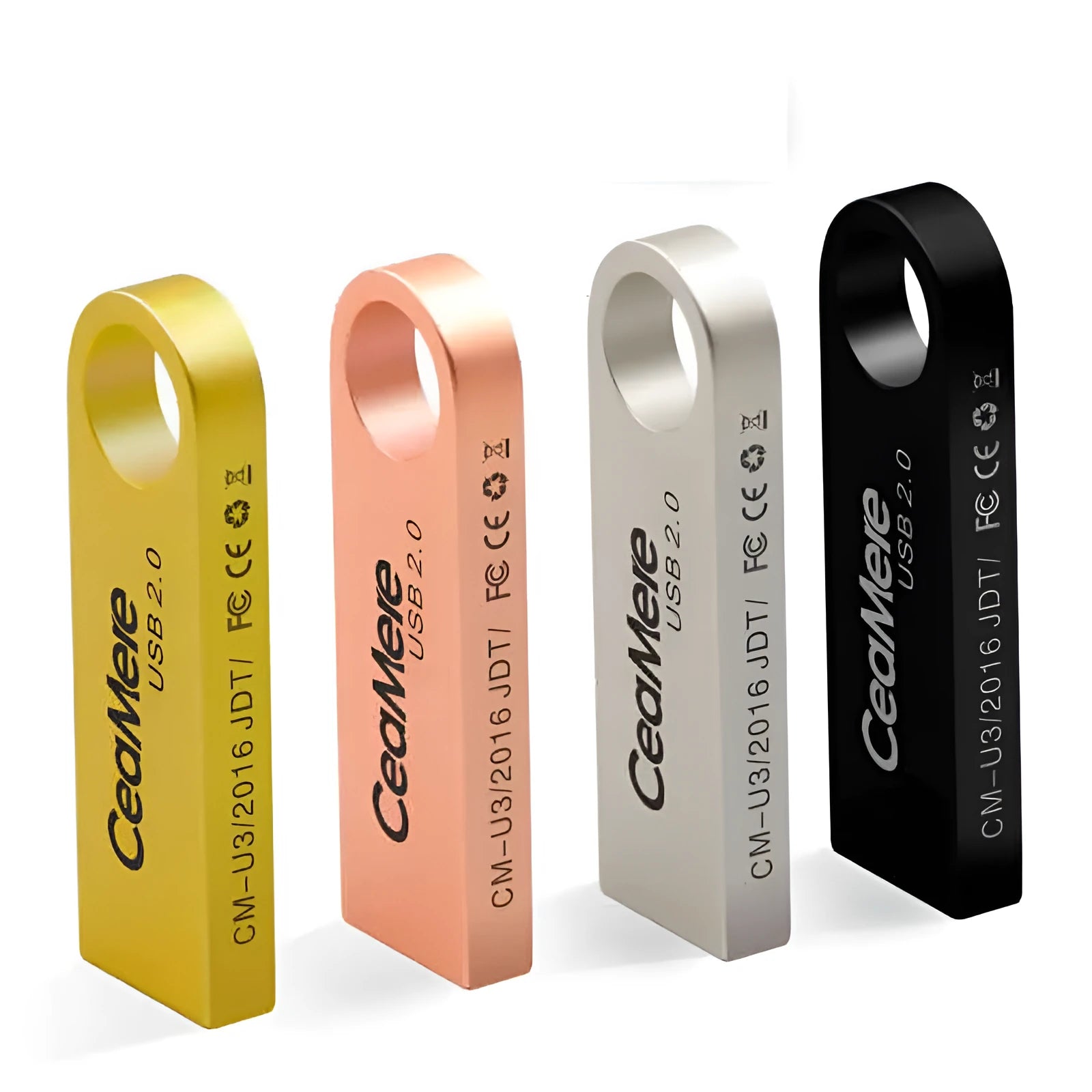 CeaMere metal USB 2.0 flash drive in silver, 39mm x 12mm x 4.5mm, showing USB connector and metal casing