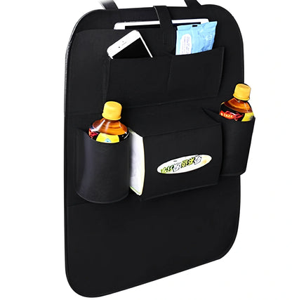 Wool felt car seat organiser bag with multiple pockets measuring 33cm wide