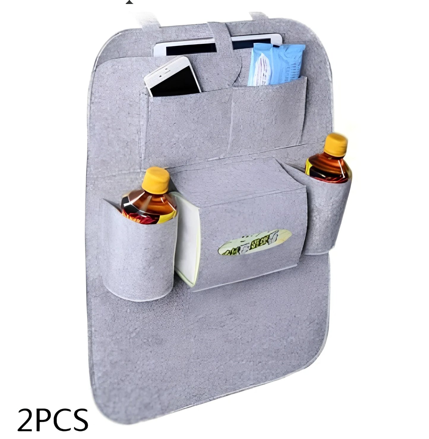 Wool felt car seat organiser bag with multiple pockets measuring 33cm wide