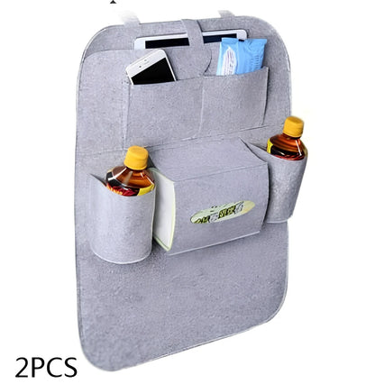 Wool felt car seat organiser bag with multiple pockets measuring 33cm wide