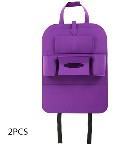 Wool felt car seat organiser bag with multiple pockets measuring 33cm wide