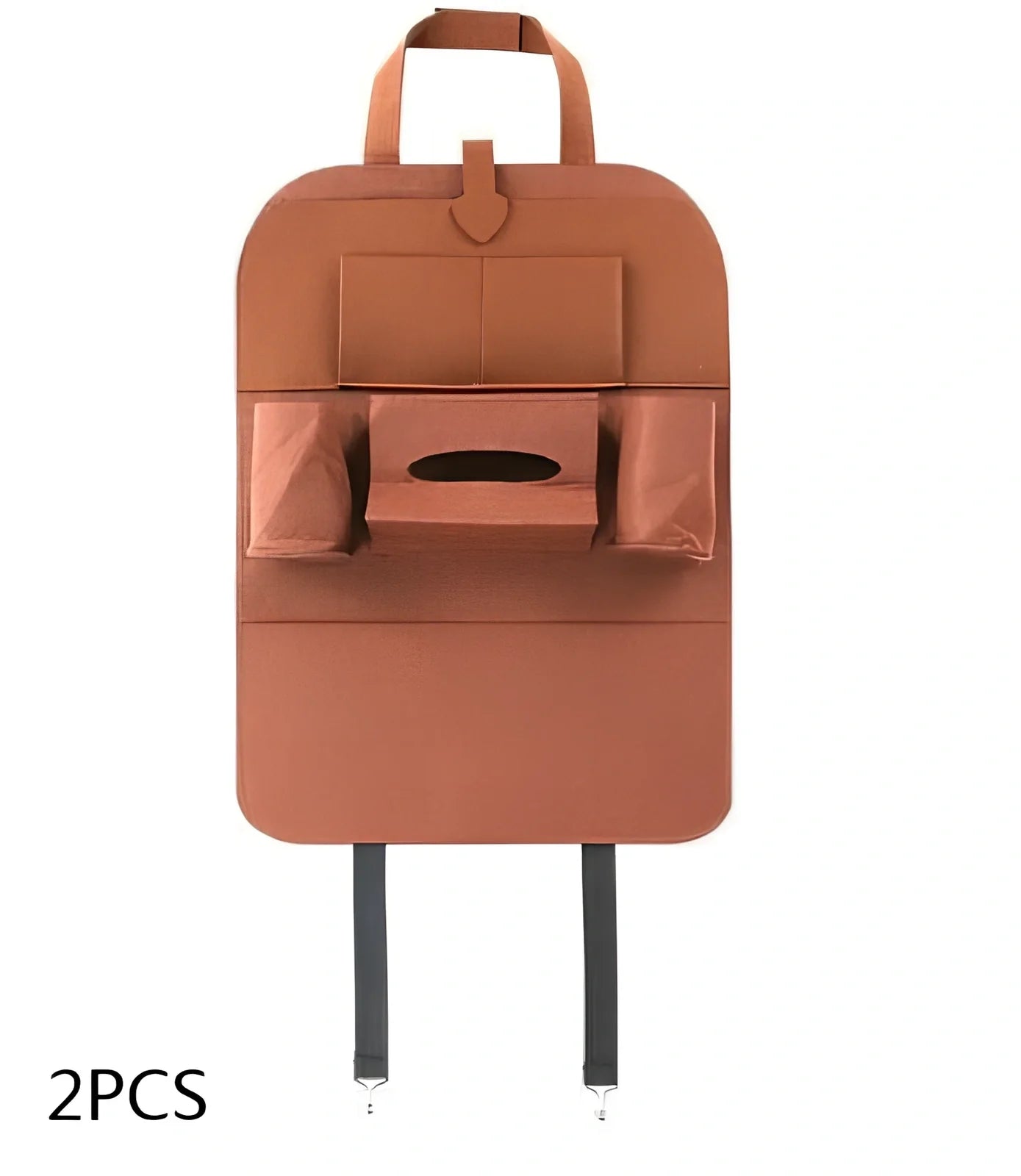 Wool felt car seat organiser bag with multiple pockets measuring 33cm wide