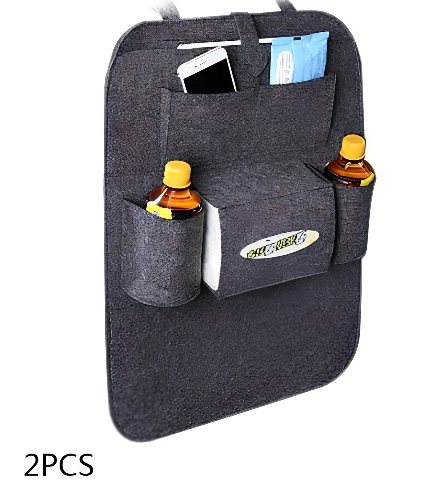 Wool felt car seat organiser bag with multiple pockets measuring 33cm wide