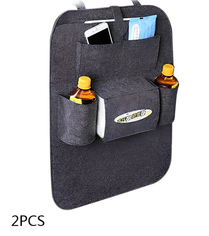 Wool felt car seat organiser bag with multiple pockets measuring 33cm wide
