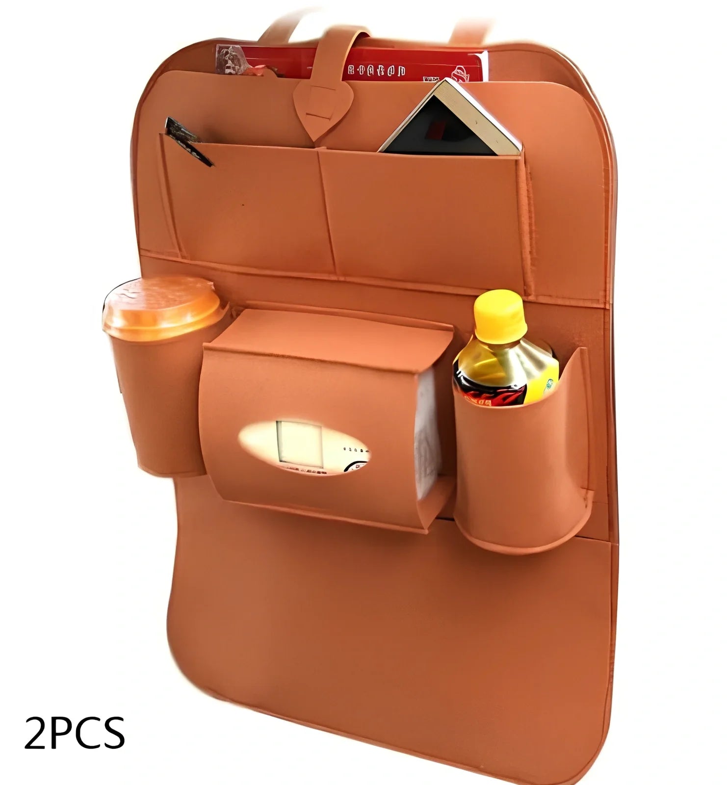 Wool felt car seat organiser bag with multiple pockets measuring 33cm wide