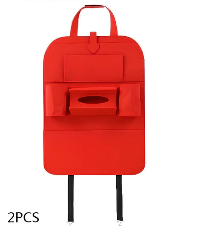 Wool felt car seat organiser bag with multiple pockets measuring 33cm wide