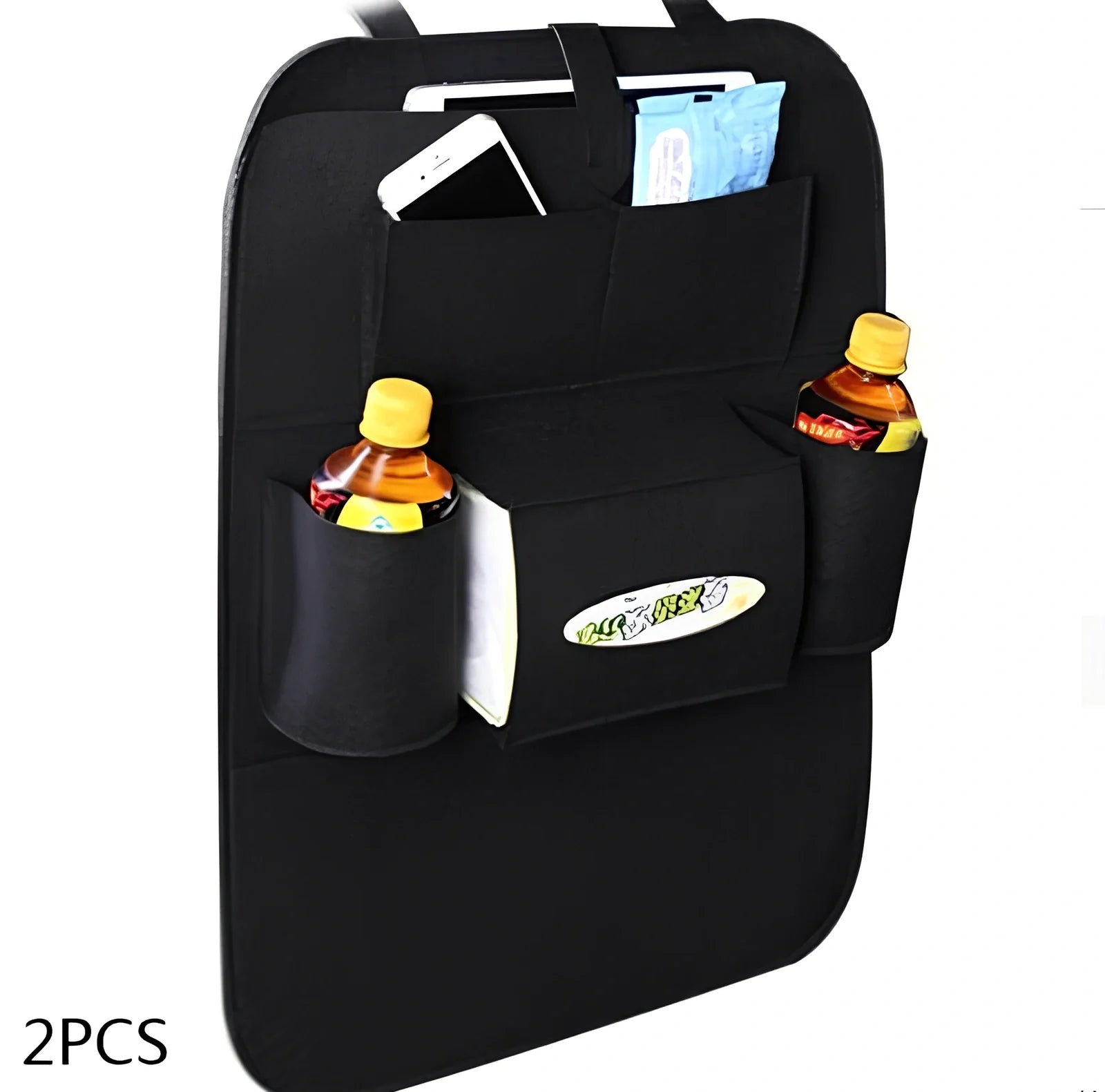 Wool felt car seat organiser bag with multiple pockets measuring 33cm wide