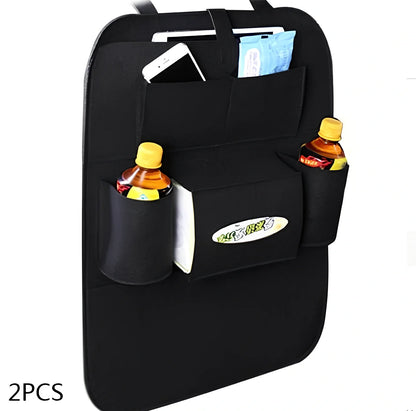 Wool felt car seat organiser bag with multiple pockets measuring 33cm wide