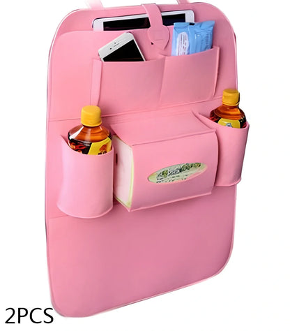 Wool felt car seat organiser bag with multiple pockets measuring 33cm wide