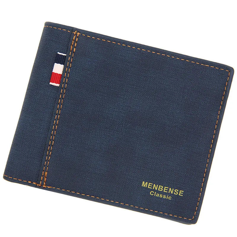 Men's short tri-fold leather wallet in black, navy blue, dark brown, or light brown showing large capacity for cards and cash.