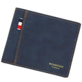 Men's short tri-fold leather wallet in black, navy blue, dark brown, or light brown showing large capacity for cards and cash.