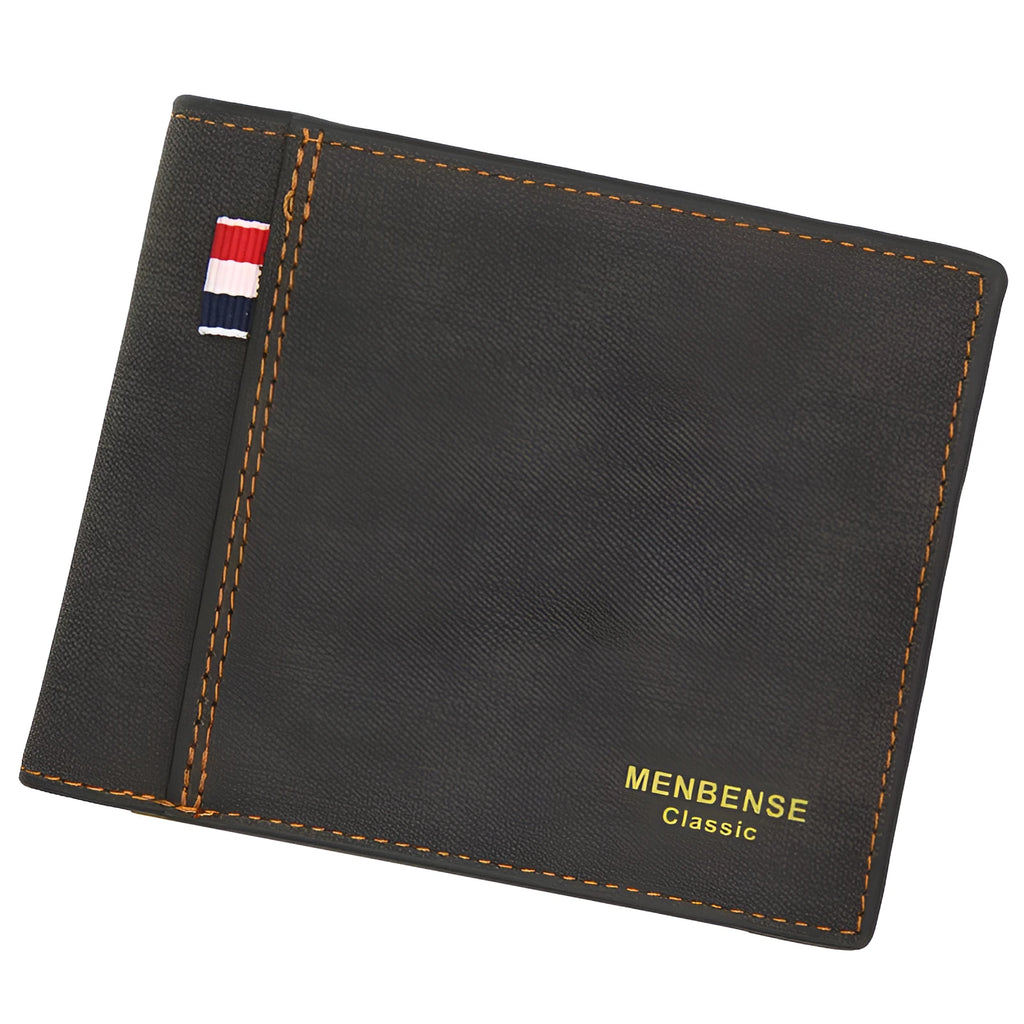 Men's short tri-fold leather wallet in black, navy blue, dark brown, or light brown showing large capacity for cards and cash.