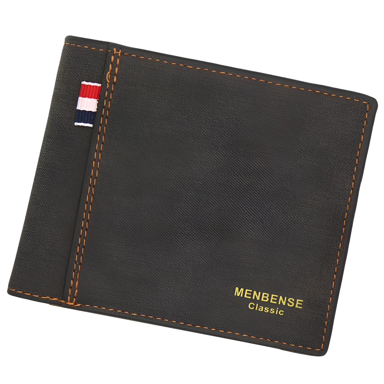 Men's short tri-fold leather wallet in black, navy blue, dark brown, or light brown showing large capacity for cards and cash.