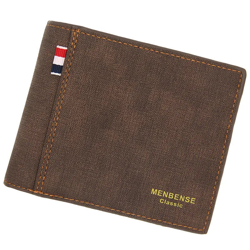 Men's short tri-fold leather wallet in black, navy blue, dark brown, or light brown showing large capacity for cards and cash.