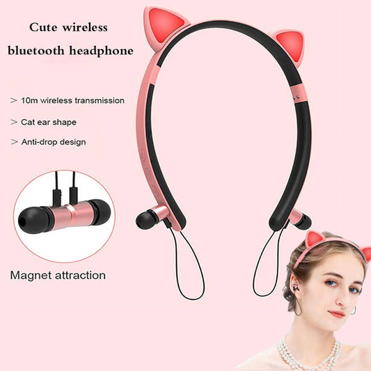 Wireless Bluetooth headphones with luminous cat ear design, soft silicone earmuffs, and magnetic earcups for a comfortable and fashionable listening experience.