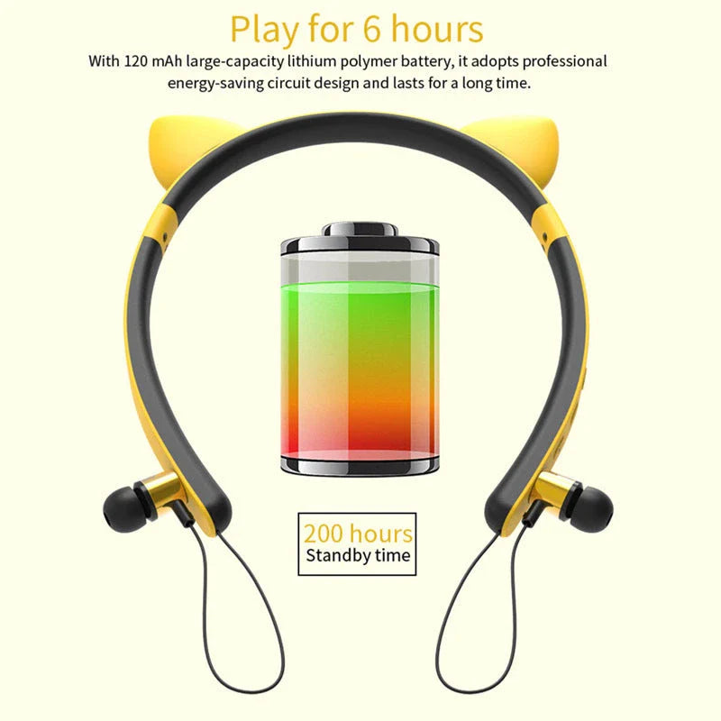 Wireless Bluetooth headphones with luminous cat ear design, soft silicone earmuffs, and magnetic earcups for a comfortable and fashionable listening experience.
