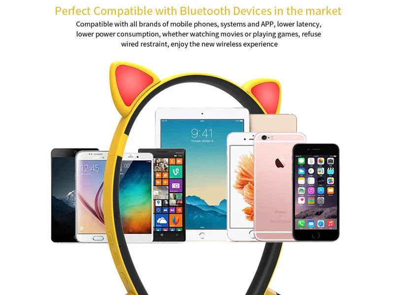 Wireless Bluetooth headphones with luminous cat ear design, soft silicone earmuffs, and magnetic earcups for a comfortable and fashionable listening experience.