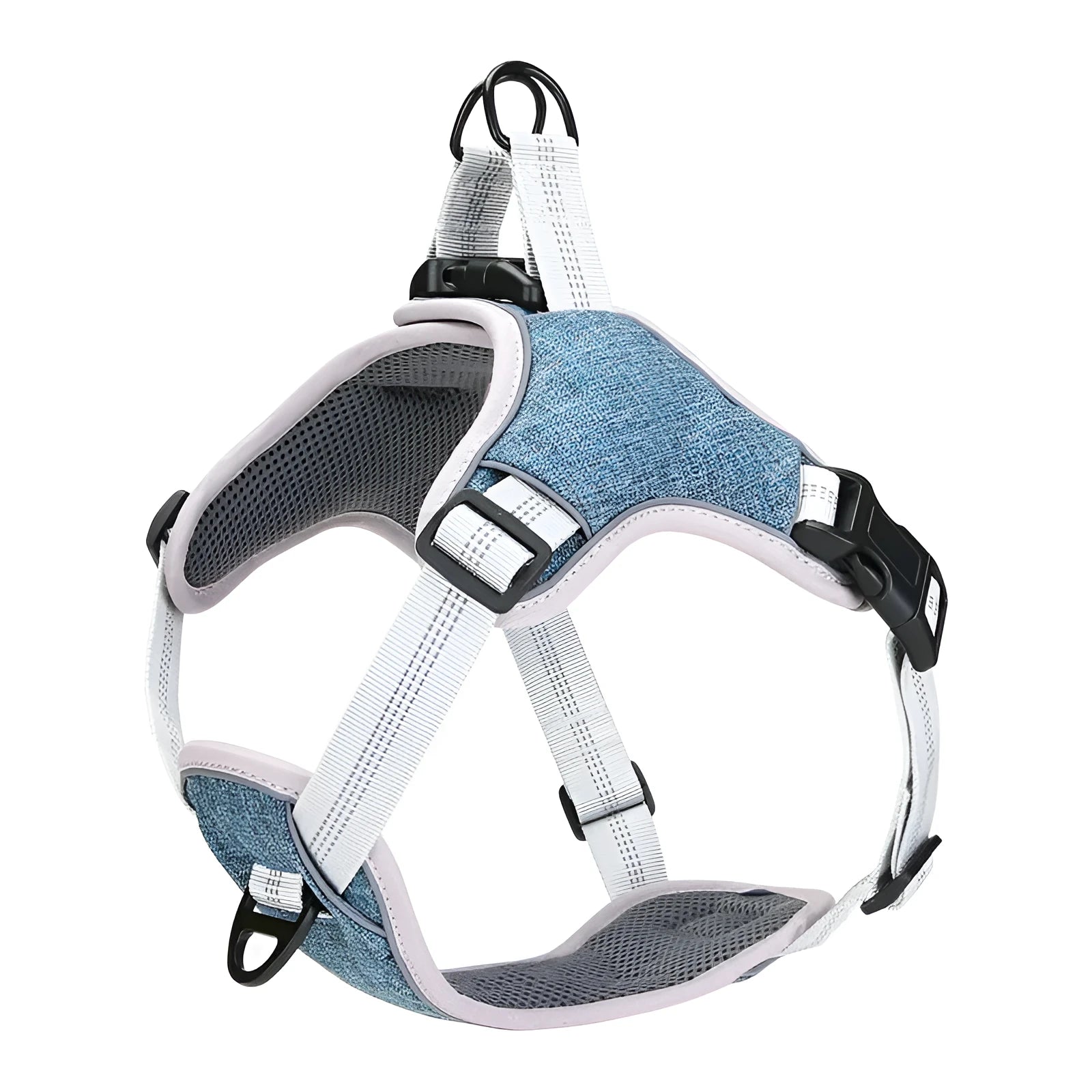Adjustable reflective polyester dog chest strap in blue with leash, side view on white background