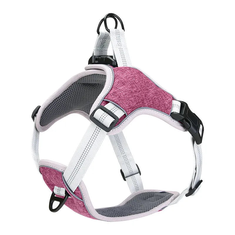 Adjustable reflective polyester dog chest strap in blue with leash, side view on white background
