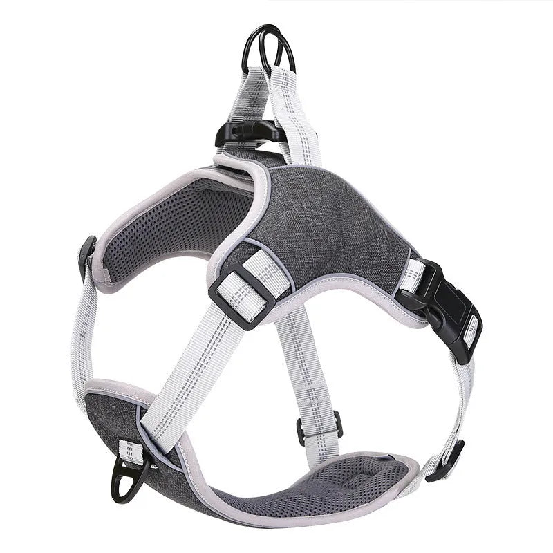 Adjustable reflective polyester dog chest strap in blue with leash, side view on white background