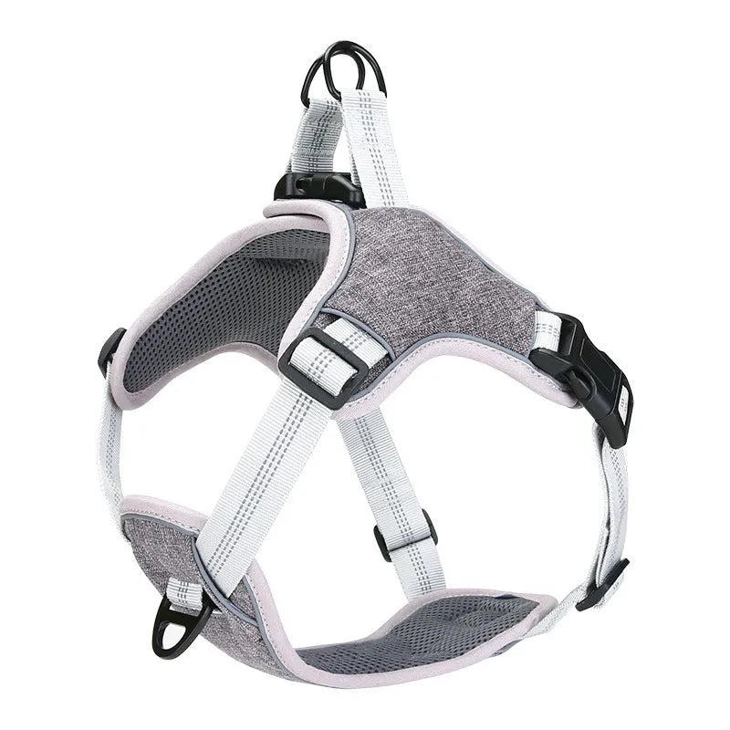 Adjustable reflective polyester dog chest strap in blue with leash, side view on white background