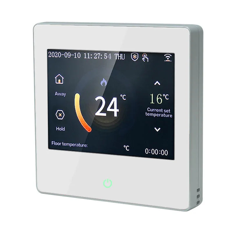 White smart thermostat heating controller measuring 86x86x13mm for concealed wall installation