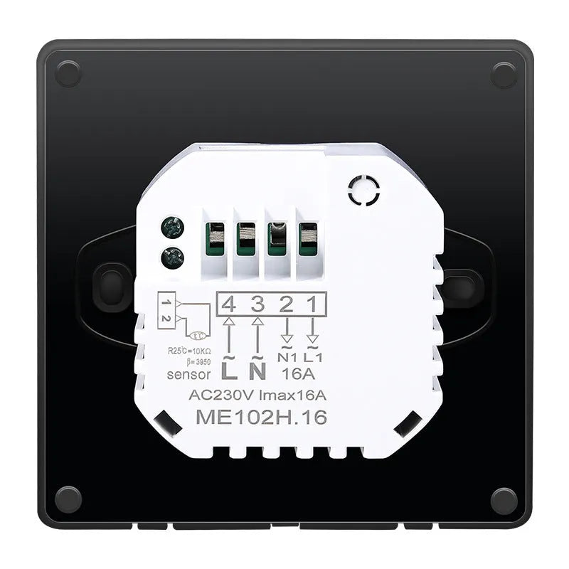 White smart thermostat heating controller measuring 86x86x13mm for concealed wall installation