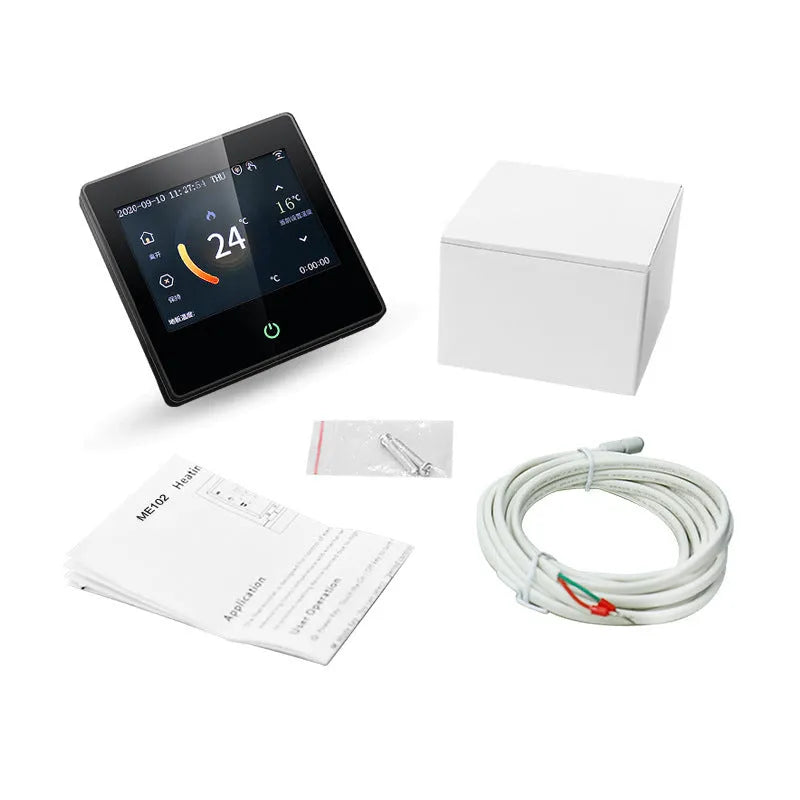 White smart thermostat heating controller measuring 86x86x13mm for concealed wall installation