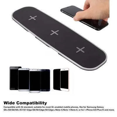 Black 3-in-1 wireless charging station with phone, Apple Watch and AirPods placed on it